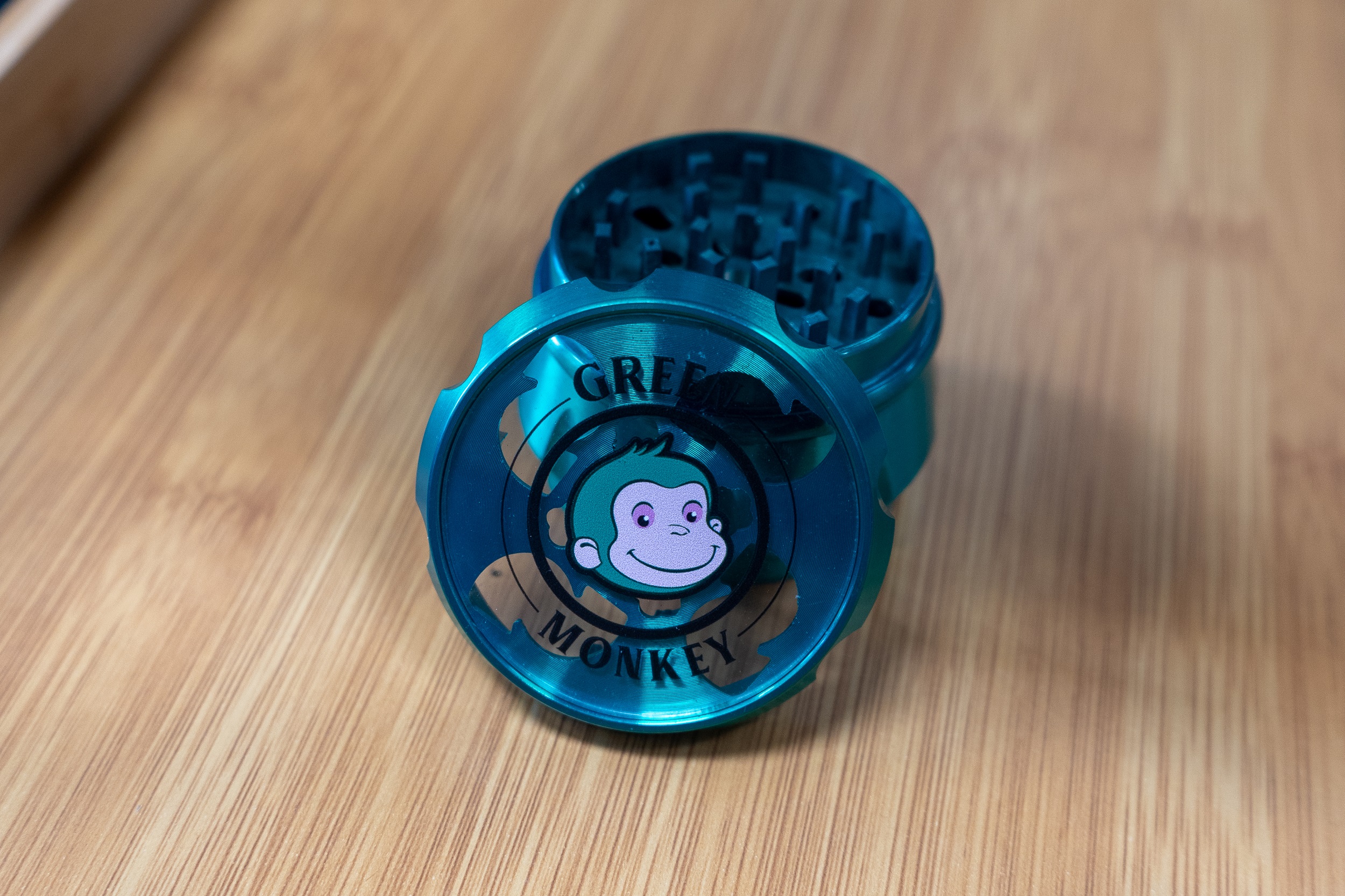Metal Glass label Green Monkey Grinder
